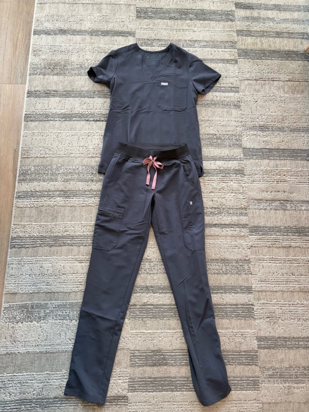 Figs Charcoal Scrub Top and Jogger Pants with Pink Drawstring